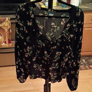 Old Navy Dark Blouse with Green and White Floral Design